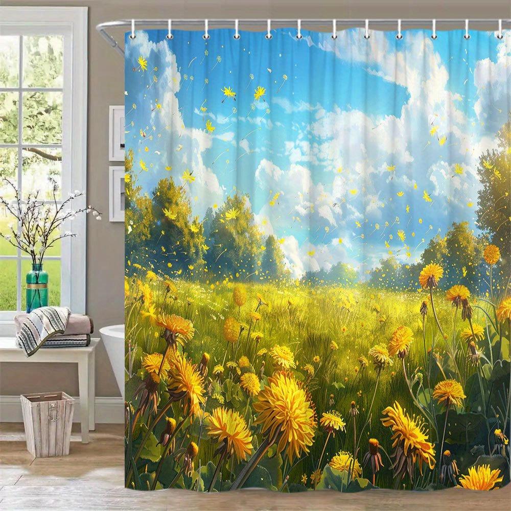1pc Golden Dandelion Meadow Bathroom Curtain - Extra Long 70x70 Inches Shower Curtain with Vibrant Floral Design Yellow Flowers 90x180cm