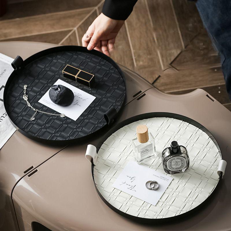 360° Rotatable Storage Tray | Premium Saddle Leather Desktop Organizer | Luxury Perfume & Cosmetics Display Plate with Handles