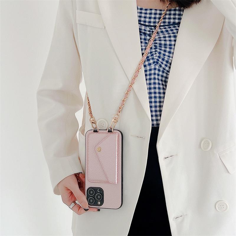 Suitable For Lychee Patterned 14 Protective Case Xsmax Card Pack Metal Leather Chain 13promax Xs Phone Case