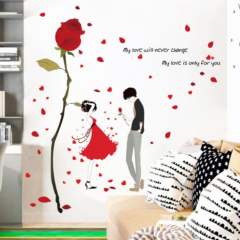 Valentines Day Romantic Rose Love Couple Wall Sticker for Bedroom Living Room Sofa Background Wall Decoration
