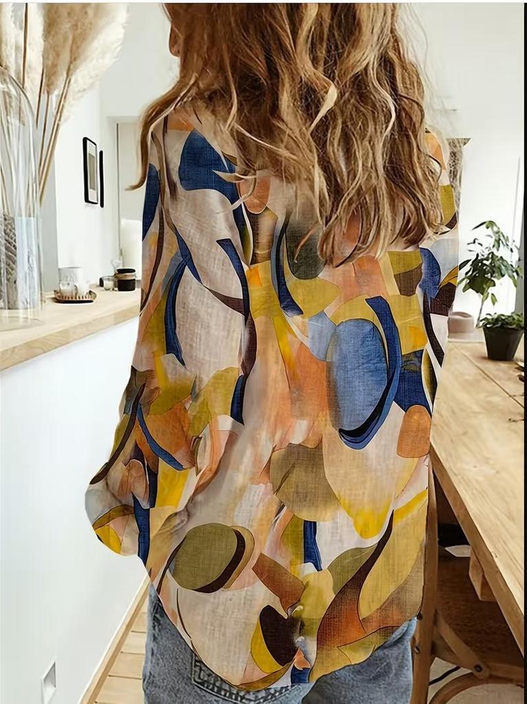 Women's Elegant V-Neck Geometric Print Shirt Ladies Casual Long Sleeves Summer V-Neck Blouse Shirt Tops Plus Size S-5XL