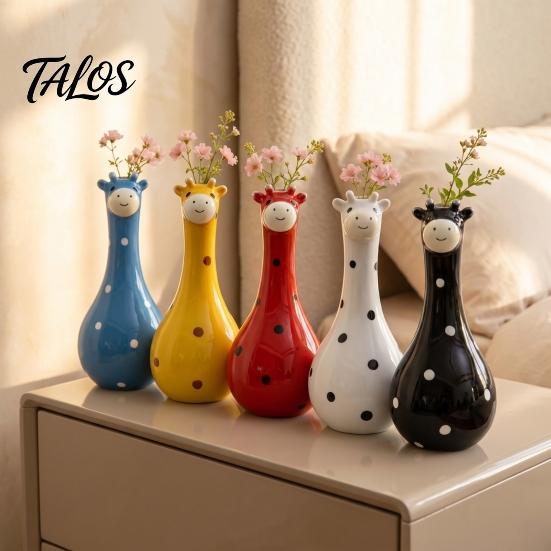Playful Living Room Decor Cute Polka Dot Giraffe Vase, Hand-painted Resin Flower Creative Big-mouthed Hand Painted Animal Pot Holder for Home Bedroom