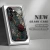 Retro Black Rose Tempered Glass Phone Case Suitable for Samsung Galaxy S26 S25 S24 S23 S22 S21 S20 FE/Ultra/Plus Anti Drop
