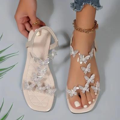 Sandalias planas para mujer adornadas con mariposas de pedrería, Zapatos casuales de verano con punta abierta, Sandalias ligeras con tira elástica