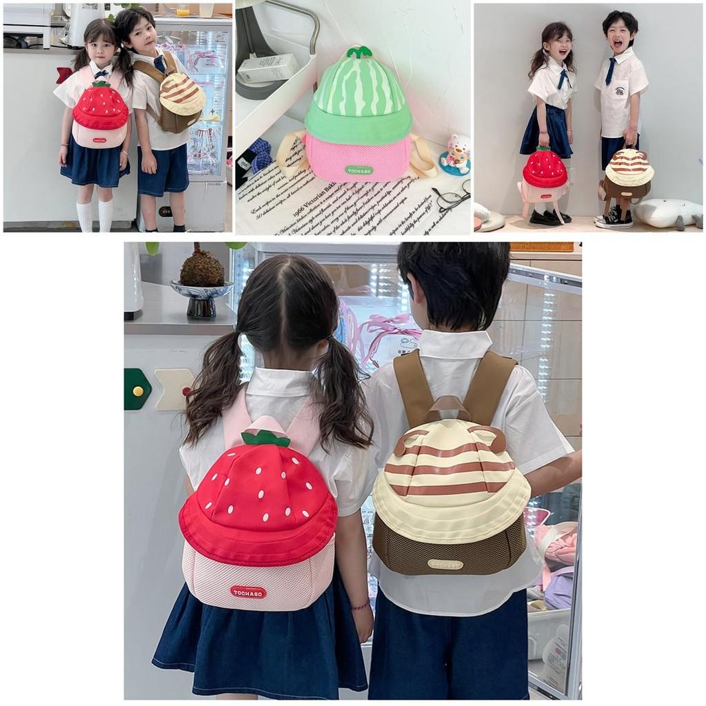 Kids Cotton Cartoon Fruit Hat Backpack With Contrasting Stitching And Soft Polyester Lining For School Use