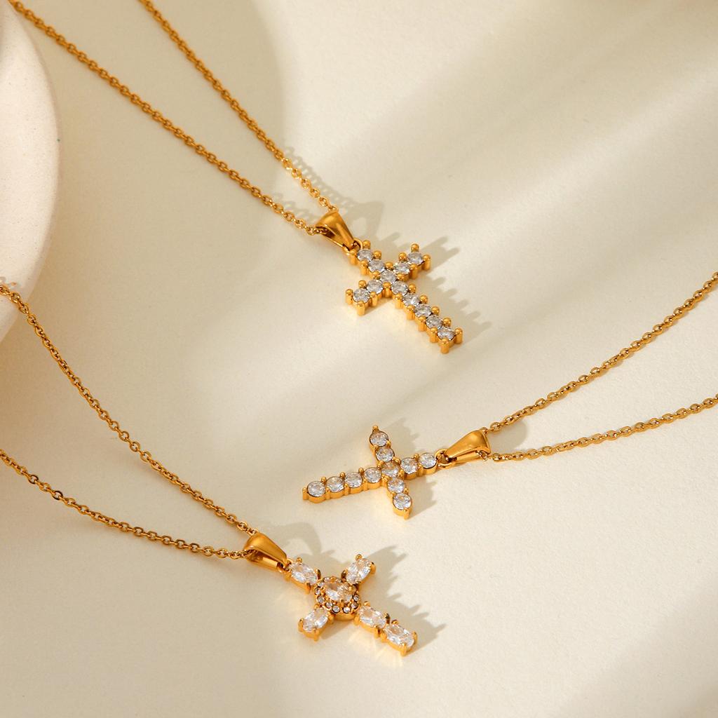 Zirconia Embellished Titanium Steel Cross Pendant Necklace Minimalist Light Luxury Jewelry for Women