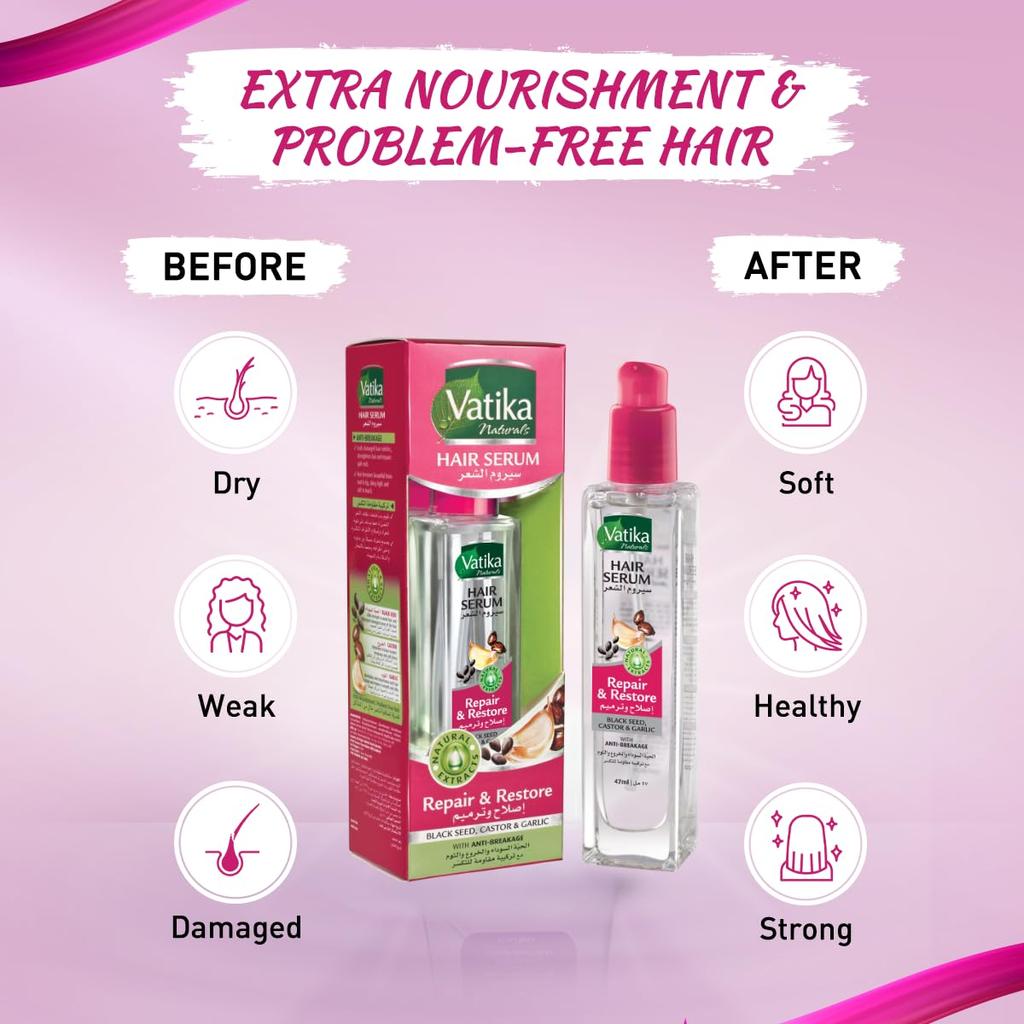 Vatika Naturals Repair and Restore Hair Serum (47mL) | Natural Extract of Black Seed, Castor and Garlic | Promotes Anti-Breakage | For All Hair Types