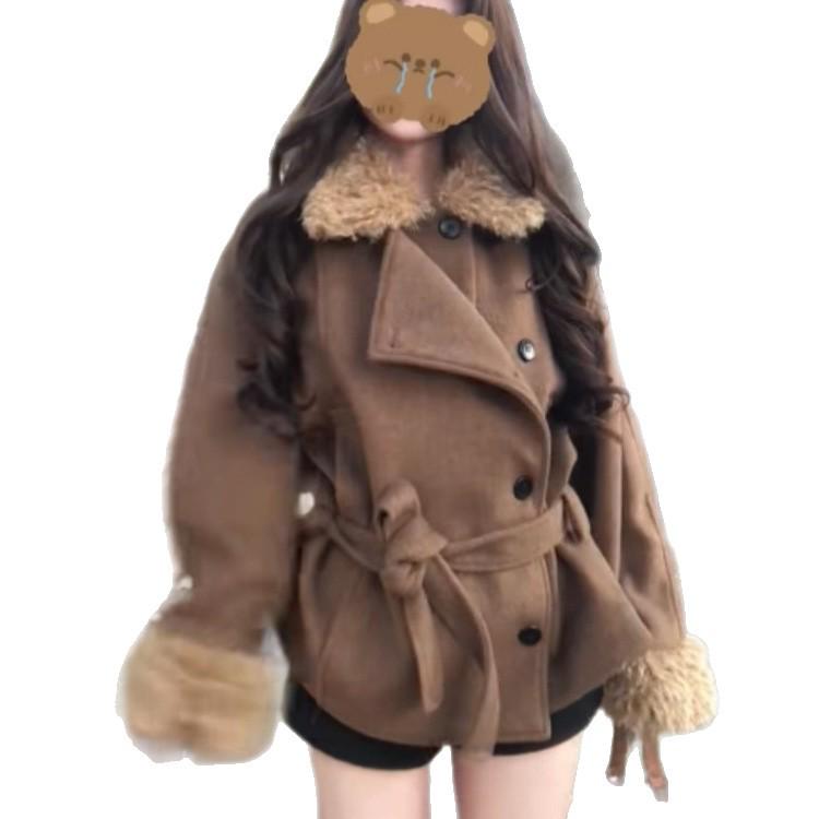 Women's Autumn Winter 2025 Retro Coffee Wool Coat - New Design, Tie-Up, Casual Loose Fit, Versatile Overcoat