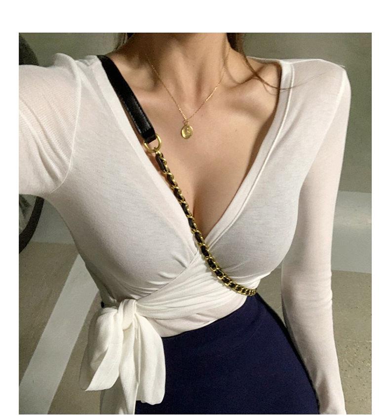 In Stock: Women's Sexy Low-Cut Lace-Up Waist-Cinching Long-Sleeve T-Shirt for Summer - Korean Dongdaemun Style