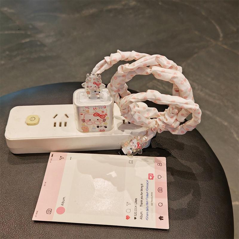 Leopard Print Hello Kitty Data Cable Protective Sleeve For Iphone 17 16 15 18/20W Charger Head Protector Cover Anti-Break Rope