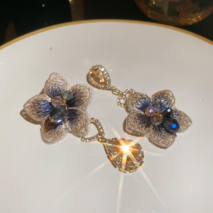 Silver Needle Fabric Flower Glass Fringed Earrings Medium Antique Temperament Stud Earrings Design Sense Niche Earrings