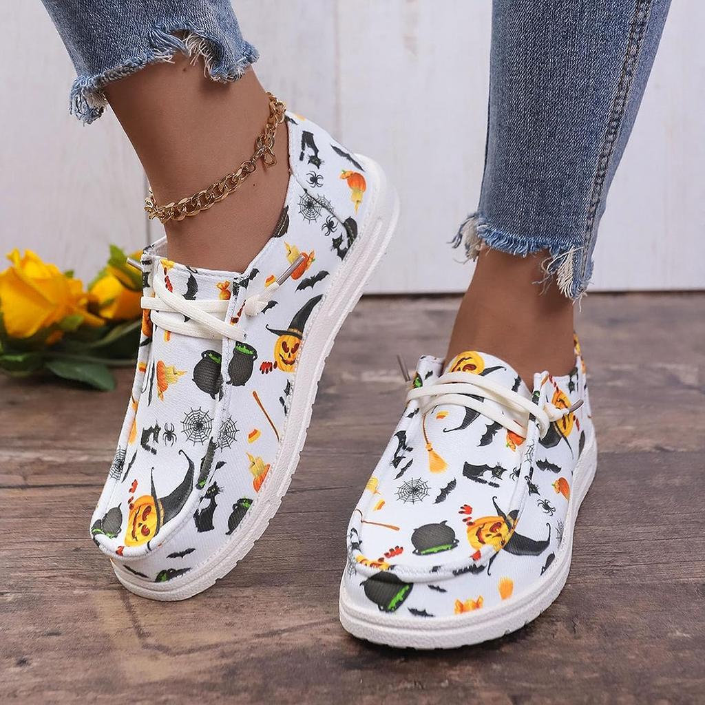 Women's Fashion Halloween Pumpkin Print Canvas Low Top Sneakers Platform Slip On Flats Loafers Shoes for Women Casual Walking Canvas Sneakers Shoes
