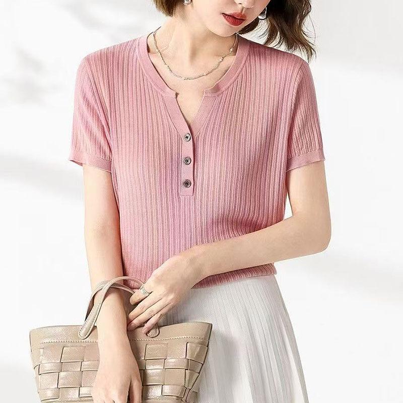 V-neck White Ice Silk Sweater T-shirt for Women Summer New Half-sleeved Slim-fit Top with Front Shoulders and Vests