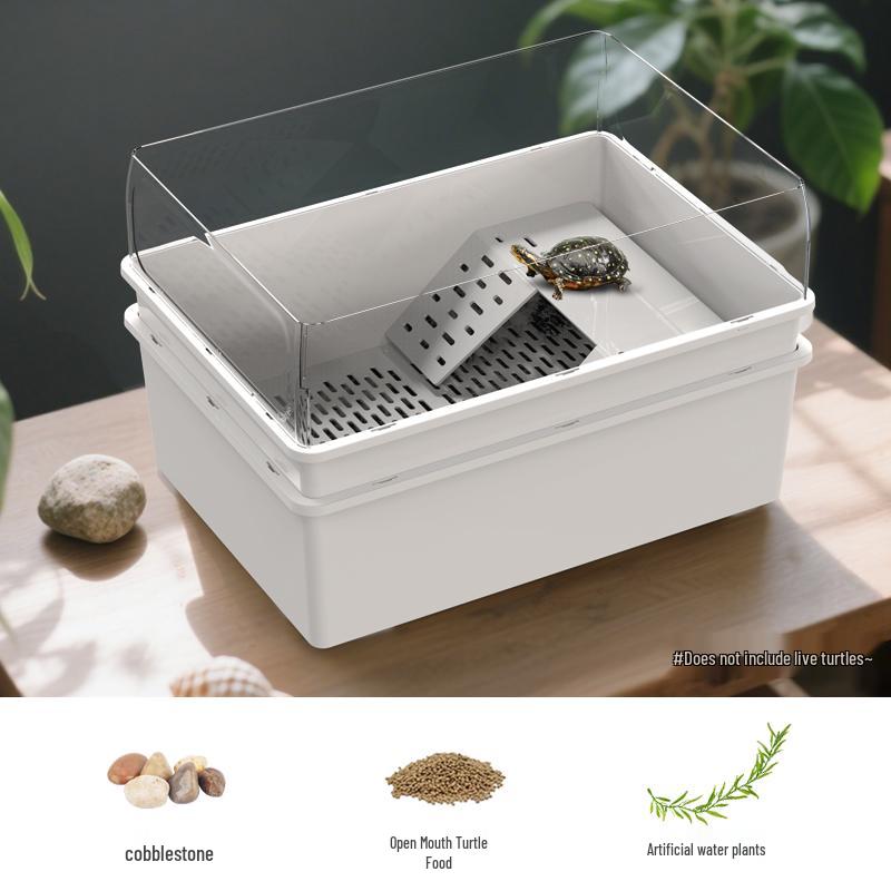 Eco-Friendly Turtle Habitat: Dual-Layer Tank with Waste Separation & Green Plant Landscaping.