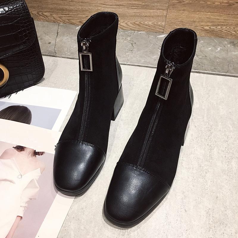Women's Fashion Mid Boots Fashionable Boots with Front Zipper Thick Heel Suede Midsole Boots Leather Shoes Women's Shoes 35-40
