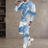 Men S Plus Size Blue Beige White Printed Two Piece Set Round Neck Long Sleeve Top Cuffed Pants