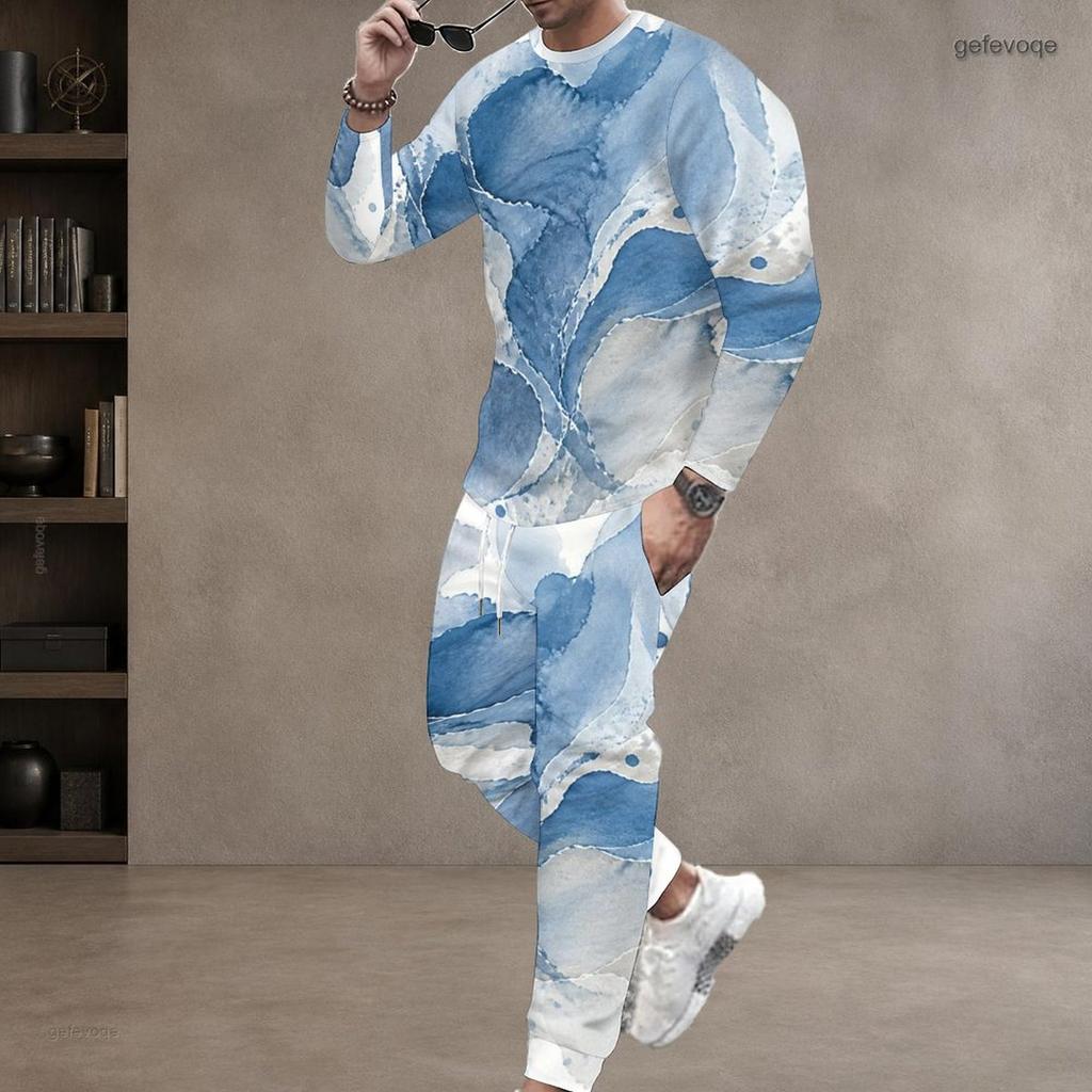 Men S Plus Size Blue Beige White Printed Two Piece Set Round Neck Long Sleeve Top Cuffed Pants