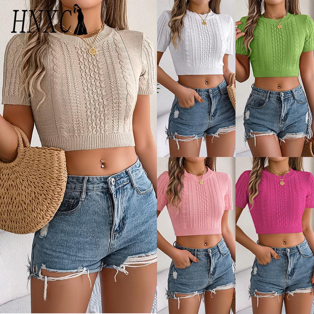 HNXC Spring and Summer Casual Twisted Short-sleeved Knitted Sweater, Vacation Short Navel Top for Women's Wear