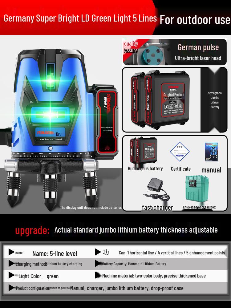 High-Precision Outdoor Laser Level with Green/Blue Light, 2/5 Lines, Automatic Leveling