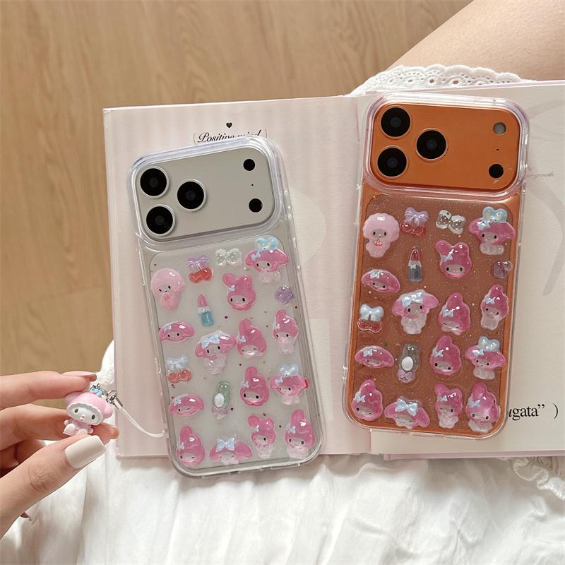 Korean Cute 3D Melody Sanrio Phone Case For iPhone 17 Pro 16 15 14 Pro Max Cover with Pendant Shockproof Cartoon Protective Case