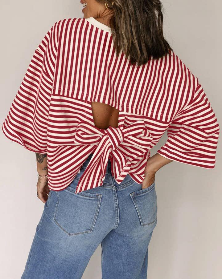 

Women s Loose Fit 3/4 Sleeve Stripe Top with Back Bow Tie and Lace-Up Details XL