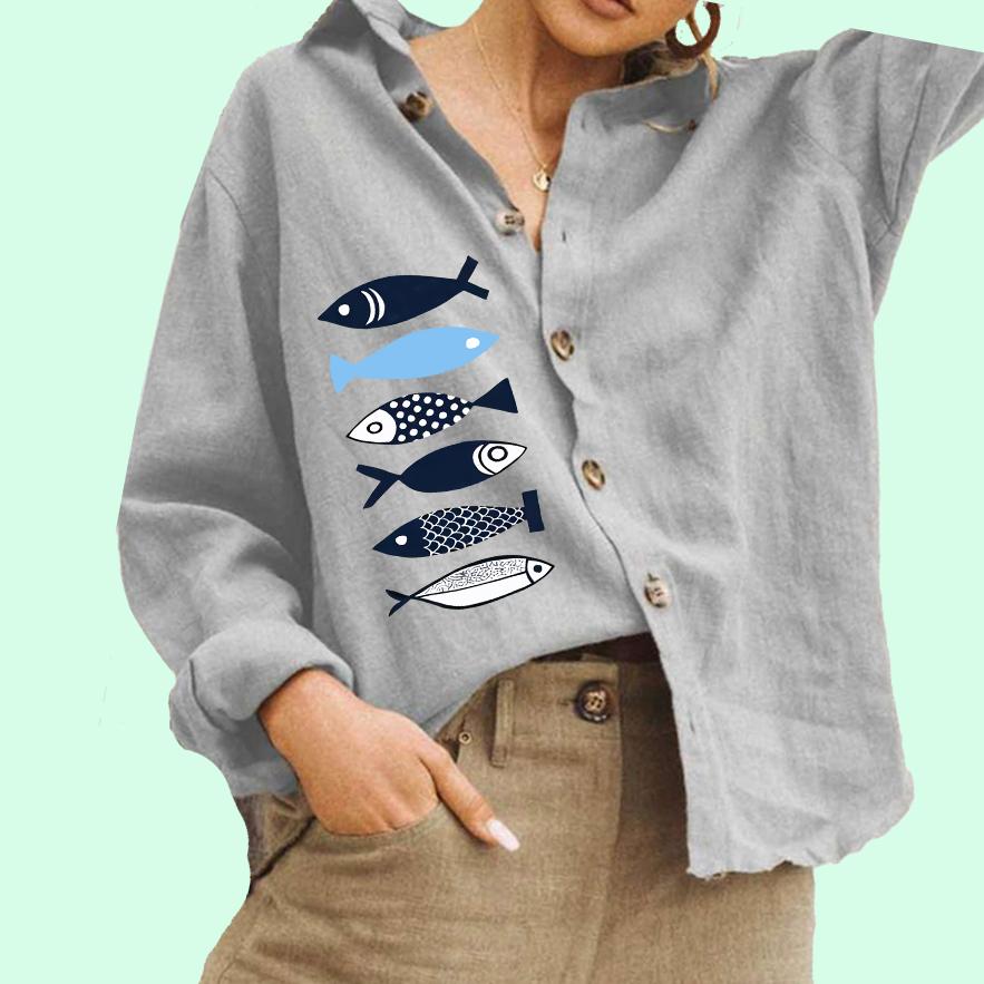 Women Fashion Button Down Shirt Casual Cotton Linen Top Ladies Fish Print Blouse