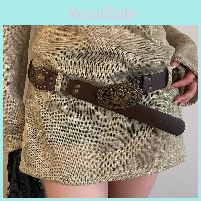 Vintage American Denim Leather Belt For Women With Metal Buckle Fashion Waist Accessory
