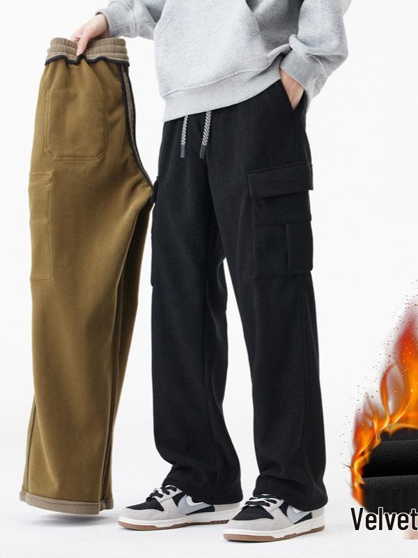 Men's Winter Corduroy Work Pants: Fleece-Lined, Thick, Loose, Wide-Leg, Straight Casual.