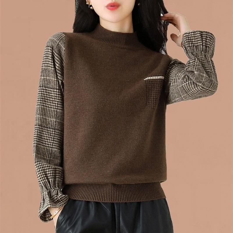 Autumn Winter Korean Version Fashionable Simple and Versatile Color Blocked Plaid Retro British Elastic Base Knitted Sweater Top for Women