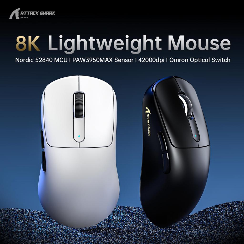 ATTACK SHARK V5 Gaming Mouse, Wireless, 8000Hz Polling Rate, Ultra-Lightweight, Tri-Mode, PAW3950MAX Sensor, 42000 DPI, Large Mouse, Symmetrical
