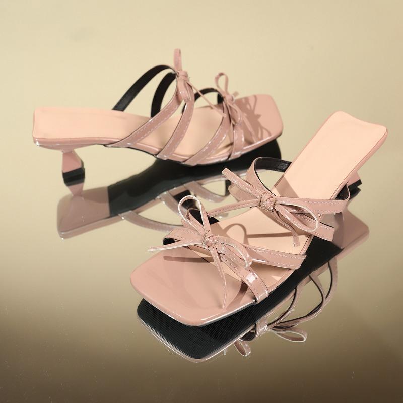 Fashion Bow-knot Thin-heeled Flip-flops Women's Outward Wear Summer Square Head Open Toe Temperament High-heeled Cool Mop