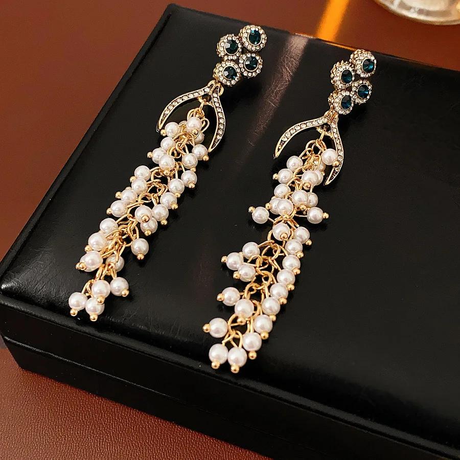 Vintage Retro Earrings for Women Inlaid Rhinestone Fish Tail Tassel Pearl Drop Earring High-end Luxury Designer Zircon Gifts