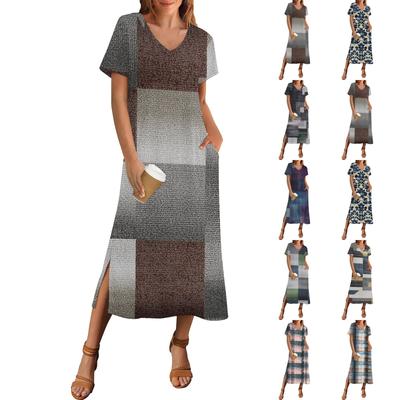 Women's Summer Retro Print Dress Short Sleeve Beach Dress With Pockets Casual V-Neck Hem One Side Slit Dress
