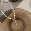 Freshwater Pearl Necklace with Tiny Inlaid Zircons, Bow-shaped, French Vintage Collar Chain, Copper Beads