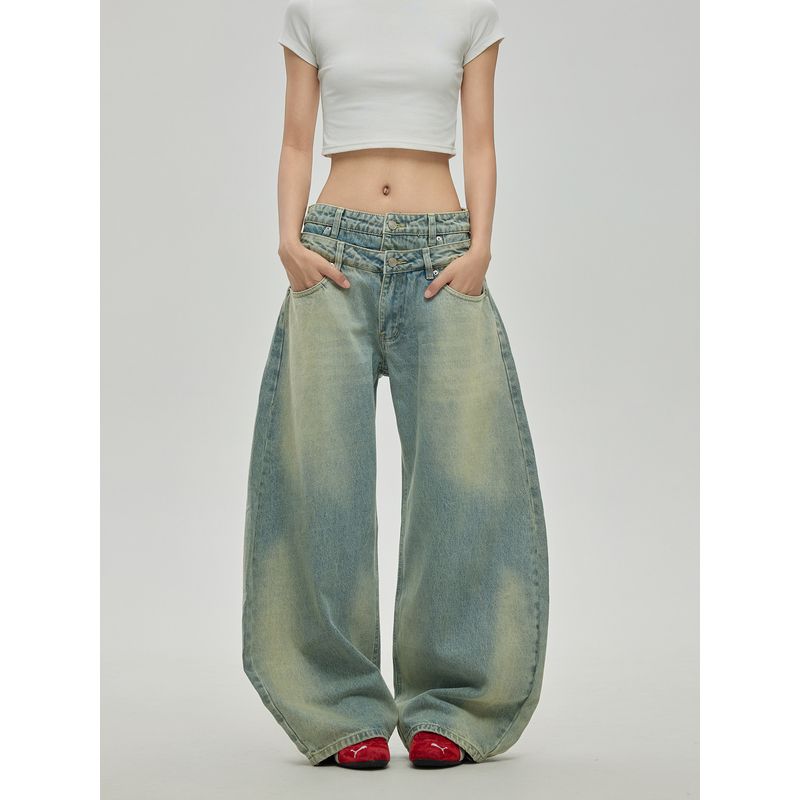 Black of Exit American-Style Washed Yellowed Vintage Straight-Leg Jeans with Unique Double-Waist Design Denim Pants