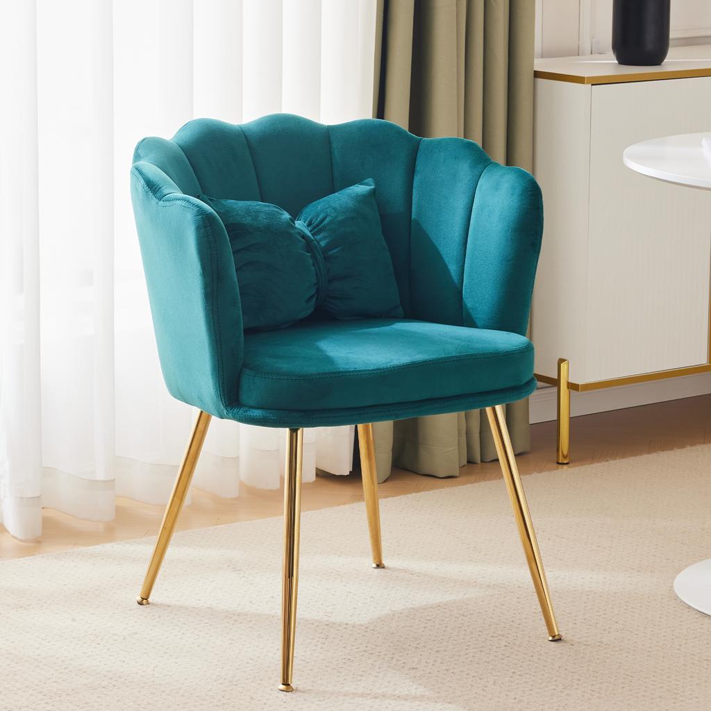 Moderner Samt-Wohnzimmer-Sessel, Polsterstuhl mit Blütenrückenlehne und vergoldeten Metallbeinen und Schmetterlingskissen für Schlafzimmer/Esszimmer