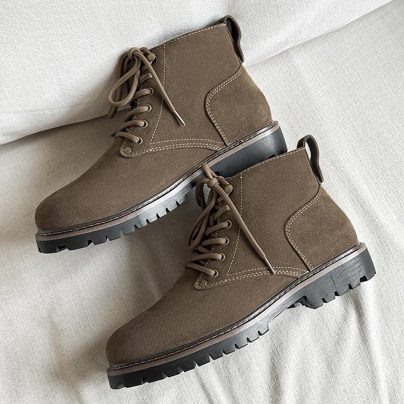 2025 Men's Autumn/Winter Yellow Martin Boots, Cow Suede, Breathable, Versatile, Round Toe, Comfortable Mid-Top Style