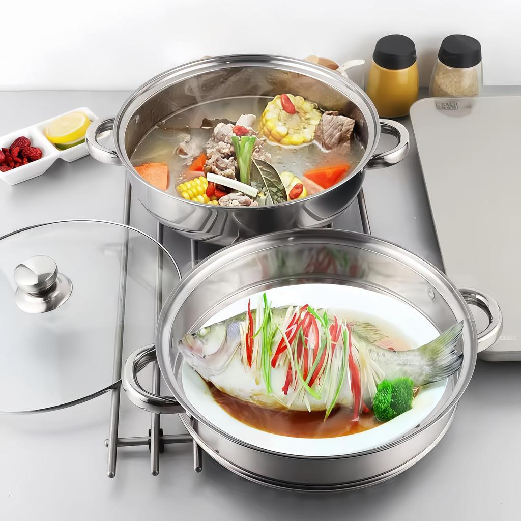 Bbslauu Stainless Steel Two-Tier Steamer, Multi-functional, with Glass Lid, Gas and Induction Compatible, Silver (28cm - Two Tiers)