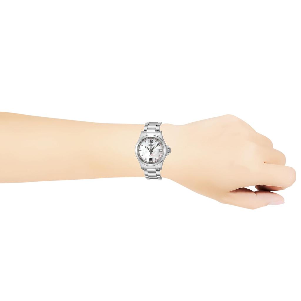 Longines CONQUEST Quartz 5 ATM Water Sapphire White Pearl Stainless Women's V.H.P. Watch, Resistant, Crystal, Dial, Steel, Silver, L3.316.4.87.6