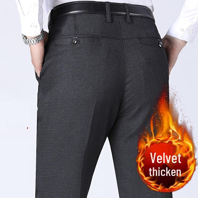 Men's Fleece-Lined Straight-Leg Dress Pants for Autumn & Winter - Casual, Loose, Thickened Style for Middle-Aged & Elderly.