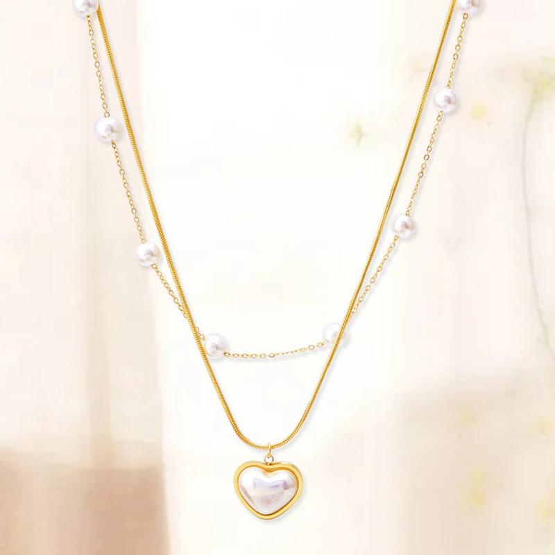 Stainless Steel New Romantic 2 Layer Pearl Heart Pendant Necklace For Women Girl Gift Trend Chain Fashion Jewelry Party