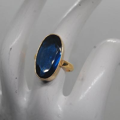 Oval Blue Spinel 925 Sterling Silver Yellow Gold Overlay Statement Ring