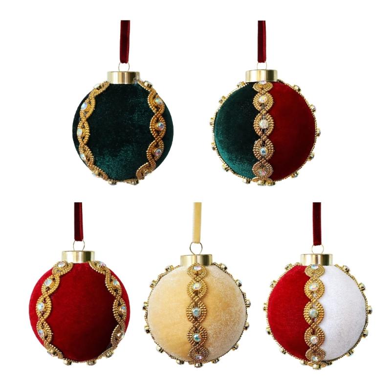 Christmas Tree Ball Hanging Ornament Velvety Bauble Decoration with Beaded Trim for Holiday Tree Wreath Styling