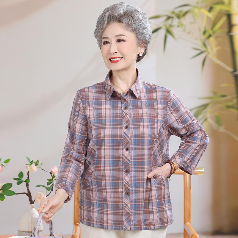 Mid-Length Pure Cotton Shirt for Elderly Women - Three-Quarter Sleeve Top for Spring/Summer