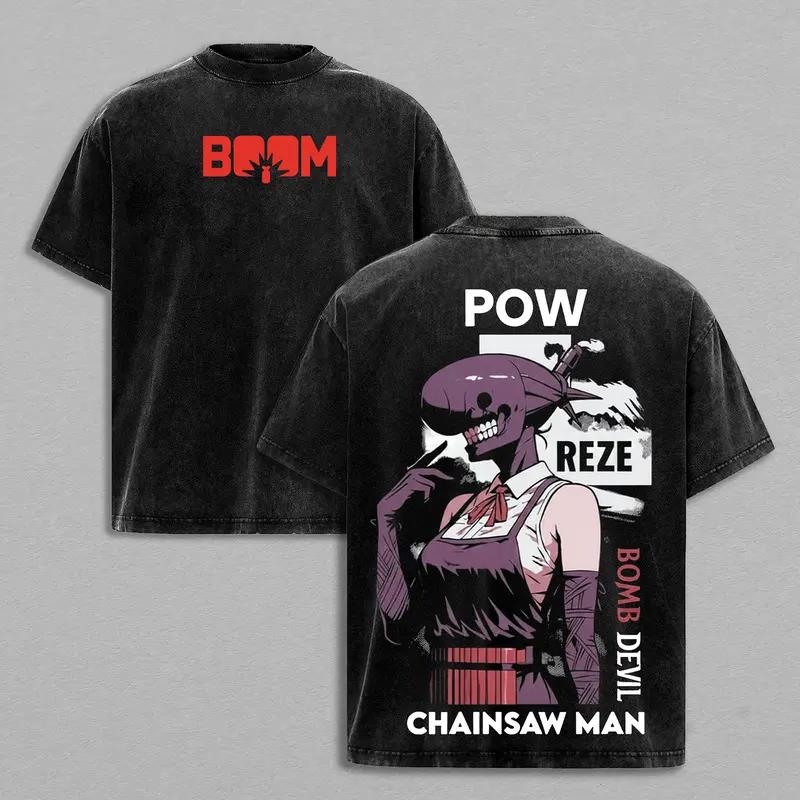 Manga Chainsaw Man Reze T-Shirt für Herren Damen Kleidung Oberteile Hip Hop Gewaschenes Oversized T-Shirt Baumwolle Kurze Ärmel Grafik-T-Shirts