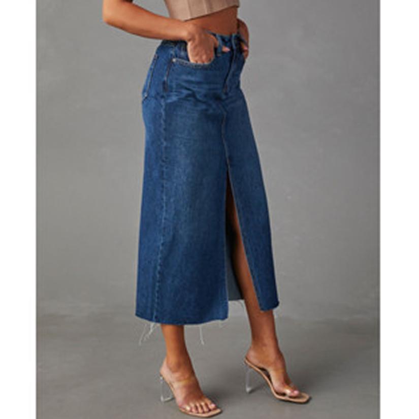 

Qooth Женская простая джинсовая юбка с разрезом, асимметричная винтажная юбка средней длины, повседневная юбка QT2613 L синий