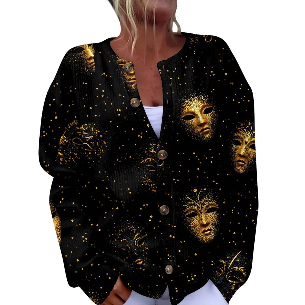 Women's Fashion Festival Printed Long-Sleeved Knitted Cardigan With Button-Front