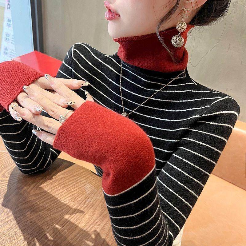 

Women s Clothin Velvet Striped Turtleneck Sweater Autumn Winter New Style Contrasting Color Bottoming Shirt with a Western Style S чорний