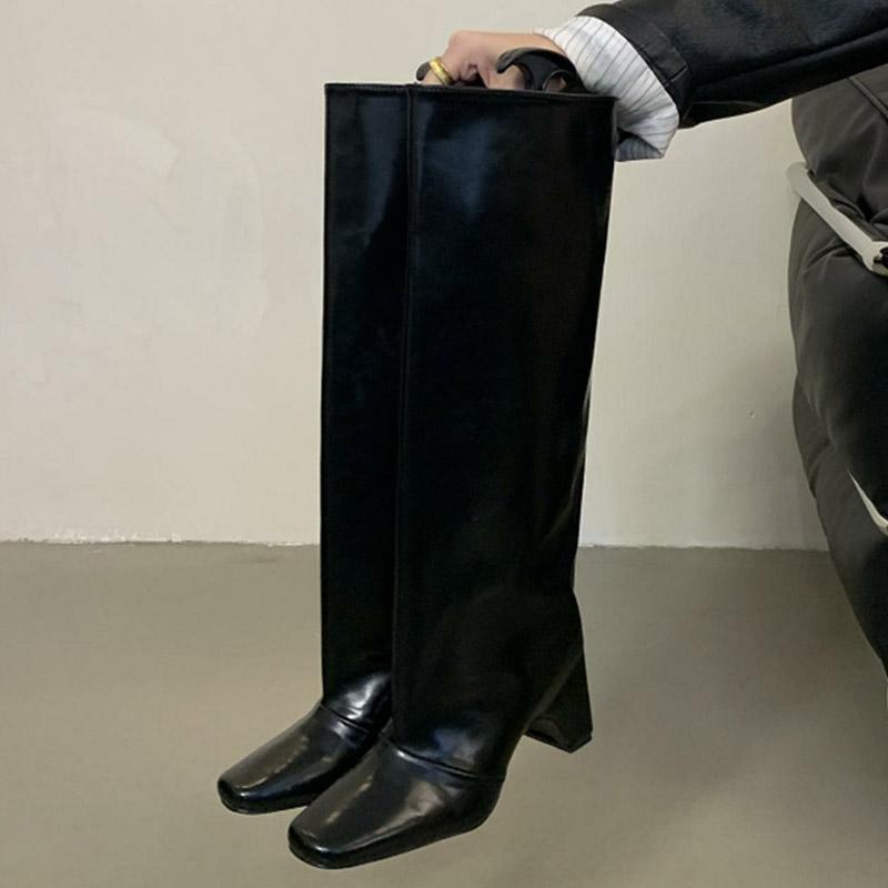 Winter Street Style Square Heels Women Knee-High Boots Fashion Cool Long Modern Booties Designer Shoes  De Mujer