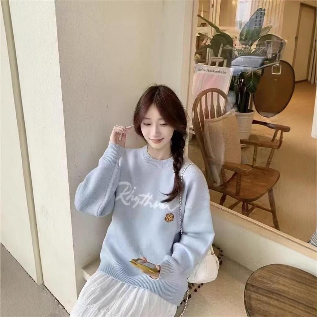 Women's Korean Style Loose Knit Pullover Sweater - Autumn Jacquard Letter Design